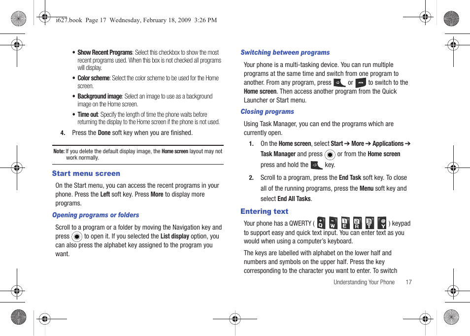 Start menu screen, Entering text, Start menu screen entering text | Sharp SGH-I627 User Manual | Page 21 / 156