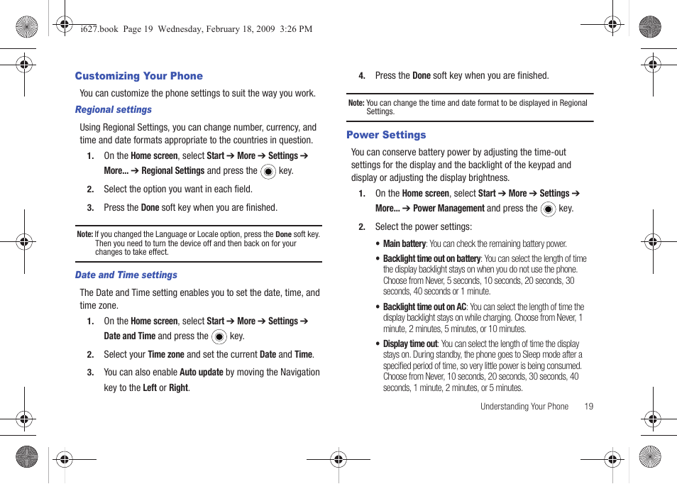 Customizing your phone, Power settings, Customizing your phone power settings | Sharp SGH-I627 User Manual | Page 23 / 156