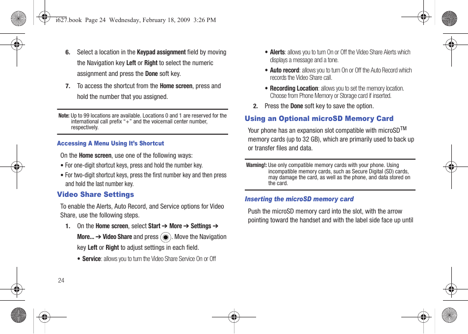 Video share settings, Using an optional microsd memory card | Sharp SGH-I627 User Manual | Page 28 / 156