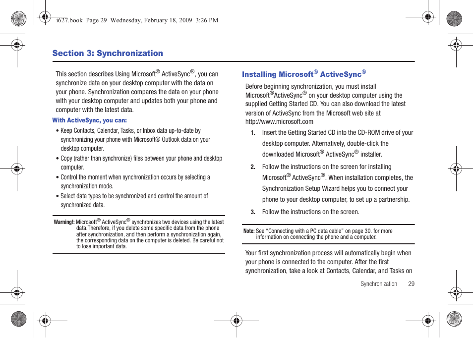 Section 3: synchronization, Installing microsoft® activesync | Sharp SGH-I627 User Manual | Page 33 / 156