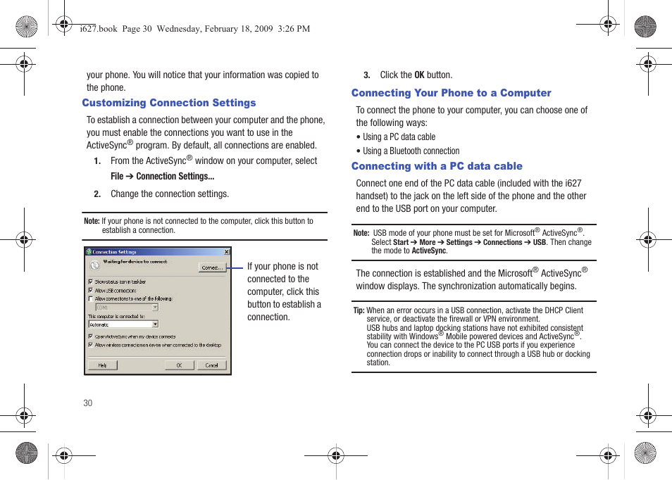 Customizing connection settings, Connecting your phone to a computer, Connecting with a pc data cable | Sharp SGH-I627 User Manual | Page 34 / 156