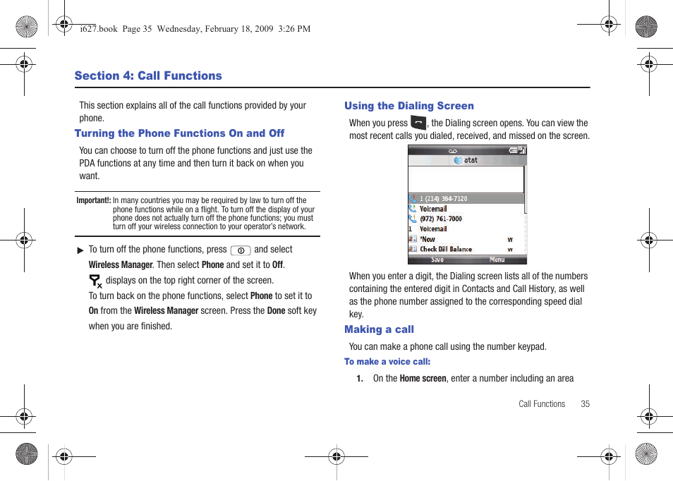 Section 4: call functions, Turning the phone functions on and off, Using the dialing screen | Making a call | Sharp SGH-I627 User Manual | Page 39 / 156