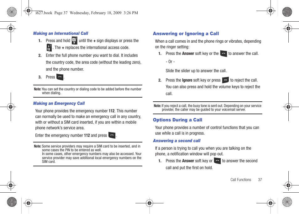 Answering or ignoring a call, Options during a call, Answering or ignoring a call options during a call | Sharp SGH-I627 User Manual | Page 41 / 156