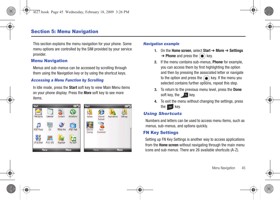 Section 5: menu navigation, Menu navigation, Fn key settings | Menu navigation fn key settings | Sharp SGH-I627 User Manual | Page 49 / 156