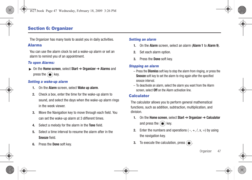 Section 6: organizer, Alarms, Calculator | Alarms calculator | Sharp SGH-I627 User Manual | Page 51 / 156