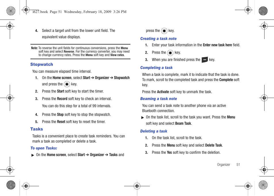 Stopwatch, Tasks, Stopwatch tasks | Sharp SGH-I627 User Manual | Page 55 / 156