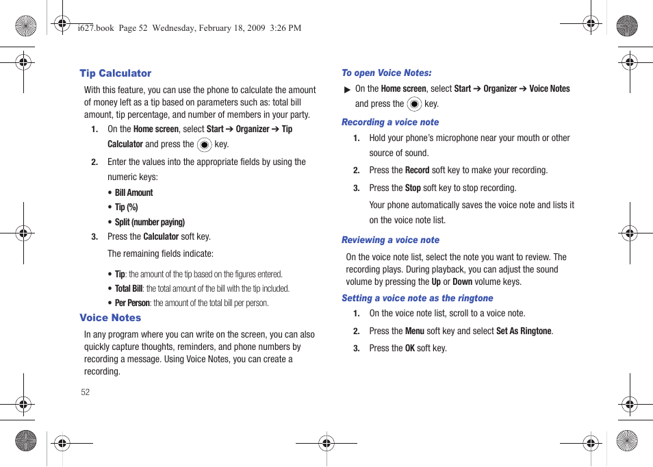 Tip calculator, Voice notes, Tip calculator voice notes | Sharp SGH-I627 User Manual | Page 56 / 156