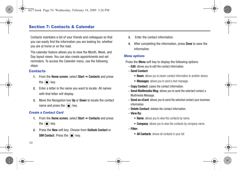 Section 7: contacts & calendar, Contacts | Sharp SGH-I627 User Manual | Page 58 / 156