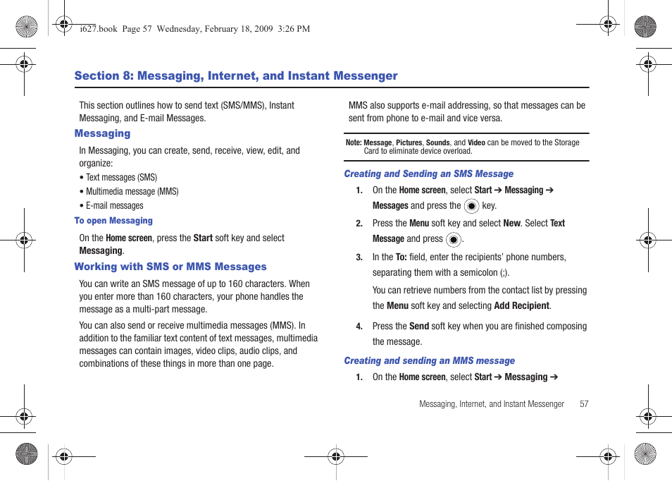 Messaging, Working with sms or mms messages, Messaging working with sms or mms messages | Sharp SGH-I627 User Manual | Page 61 / 156