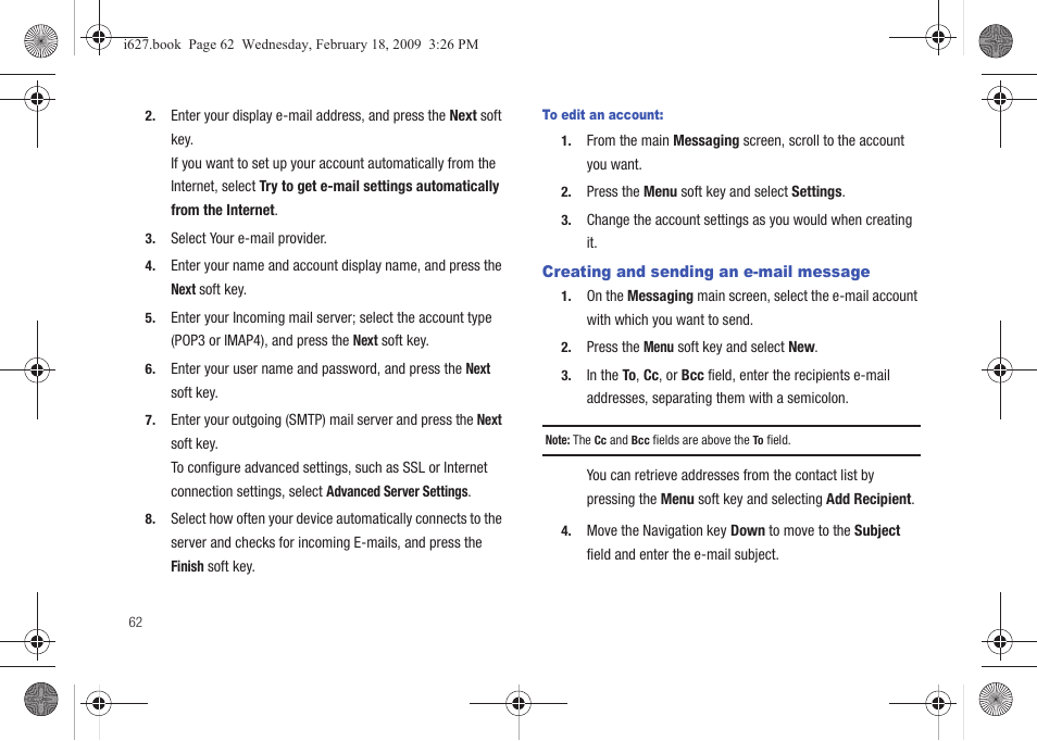 Creating and sending an e-mail message | Sharp SGH-I627 User Manual | Page 66 / 156