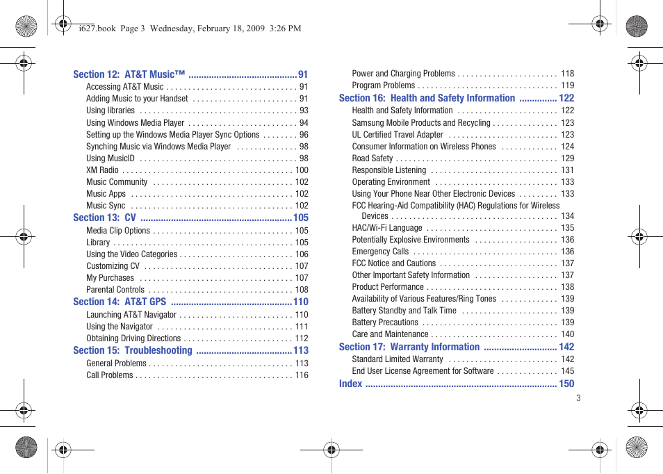Section 12: at&t music™ 91, Section 13: cv 105, Section 14: at&t gps 110 | Section 15: troubleshooting 113, Section 16: health and safety information 122, Section 17: warranty information 142 | Sharp SGH-I627 User Manual | Page 7 / 156