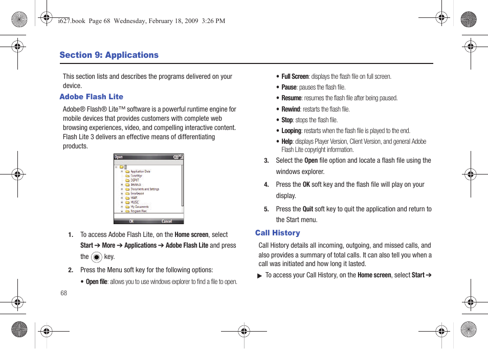 Section 9: applications, Adobe flash lite, Call history | Adobe flash lite call history | Sharp SGH-I627 User Manual | Page 72 / 156