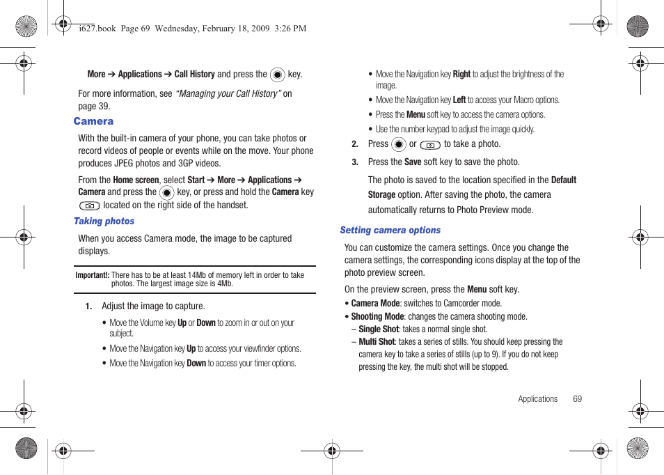 Camera | Sharp SGH-I627 User Manual | Page 73 / 156