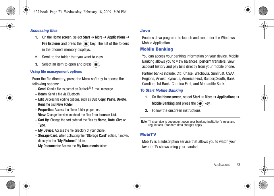 Java, Mobile banking, Mobitv | Java mobile banking mobitv | Sharp SGH-I627 User Manual | Page 77 / 156