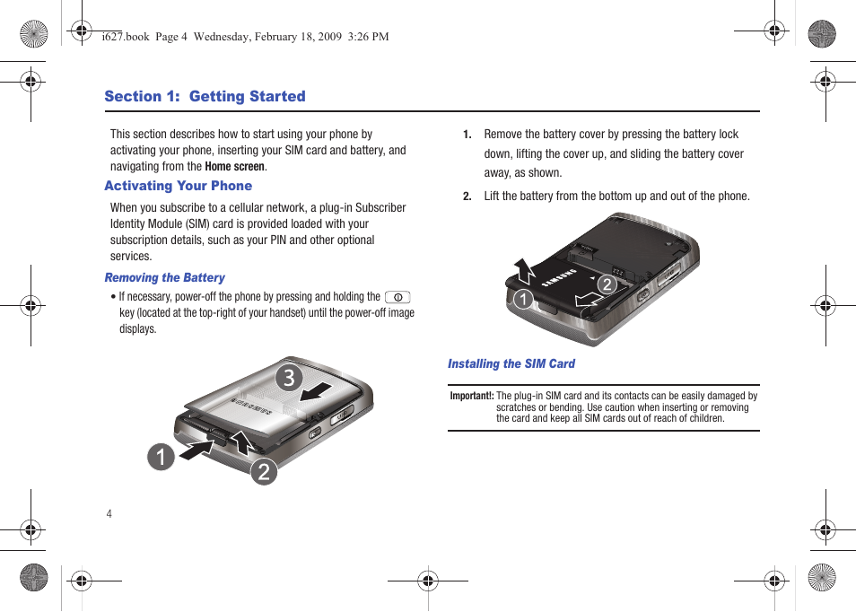 Section 1: getting started, Activating your phone | Sharp SGH-I627 User Manual | Page 8 / 156