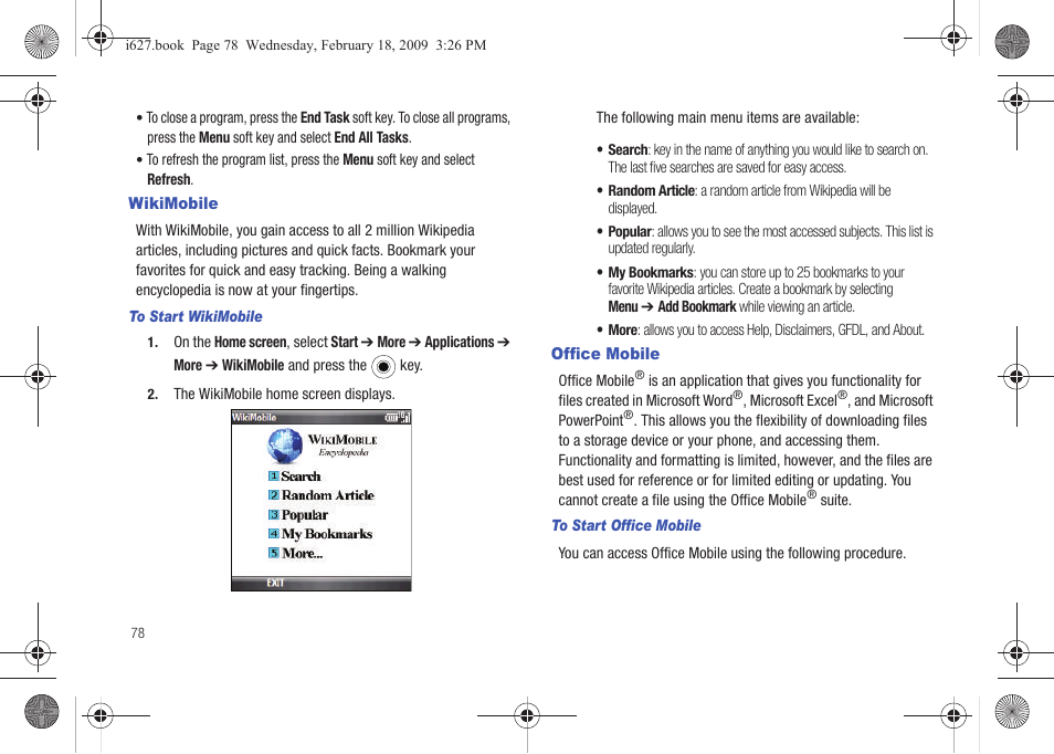 Wikimobile, Office mobile, Wikimobile office mobile | Sharp SGH-I627 User Manual | Page 82 / 156