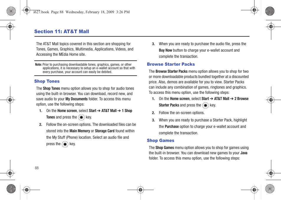 Section 11: at&t mall, Shop tones, Browse starter packs | Shop games, Shop tones browse starter packs shop games | Sharp SGH-I627 User Manual | Page 92 / 156