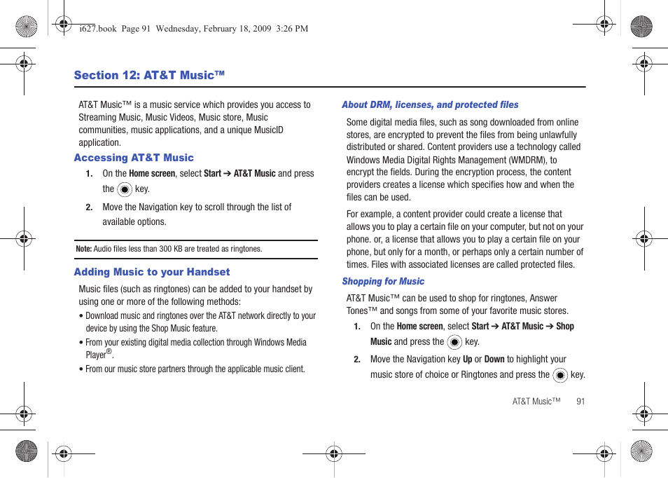 Section 12: at&t music, Accessing at&t music, Adding music to your handset | Accessing at&t music adding music to your handset | Sharp SGH-I627 User Manual | Page 95 / 156