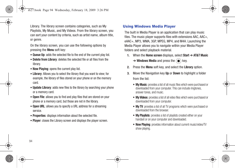 Using windows media player | Sharp SGH-I627 User Manual | Page 98 / 156