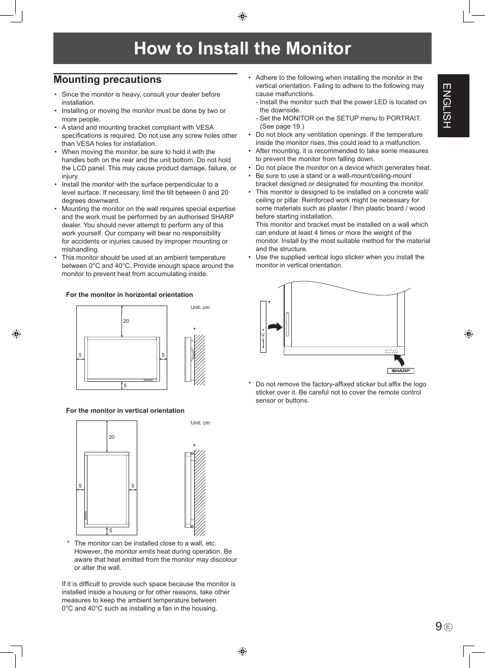 How to install the monitor, English, Mounting precautions | Sharp PN-465E User Manual | Page 11 / 38