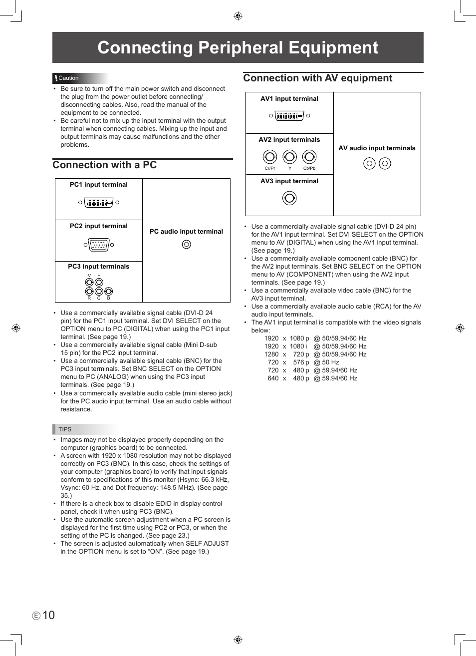 Connecting peripheral equipment, Connection with a pc, Connection with av equipment | Sharp PN-465E User Manual | Page 12 / 38