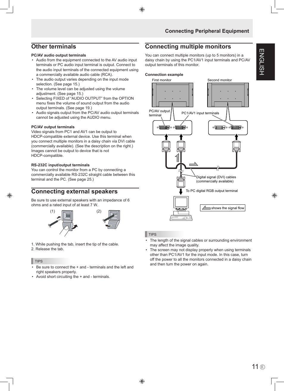 English, Other terminals, Connecting external speakers | Connecting multiple monitors, Connecting peripheral equipment | Sharp PN-465E User Manual | Page 13 / 38