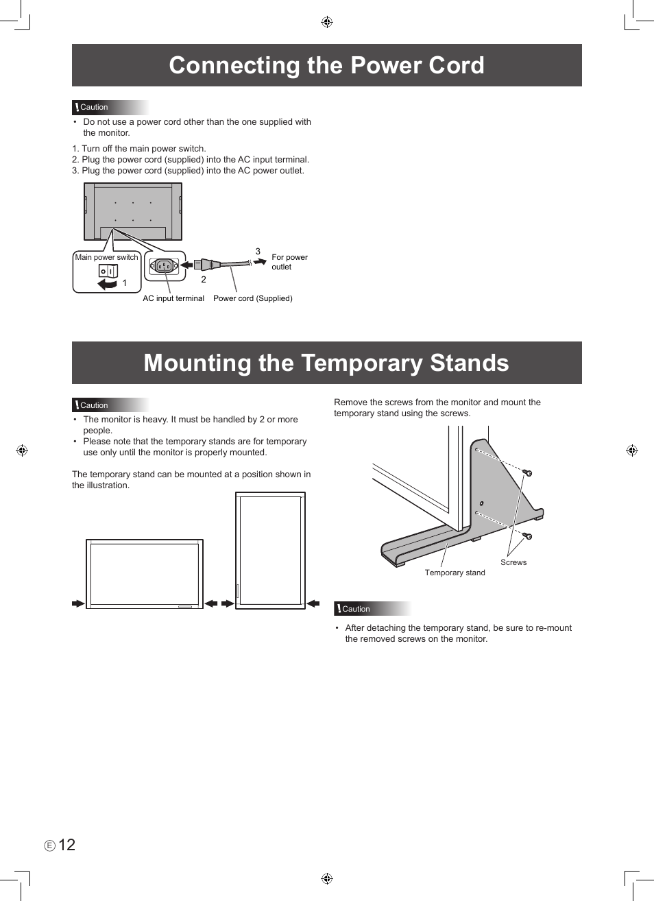 Connecting the power cord, Mounting the temporary stands | Sharp PN-465E User Manual | Page 14 / 38