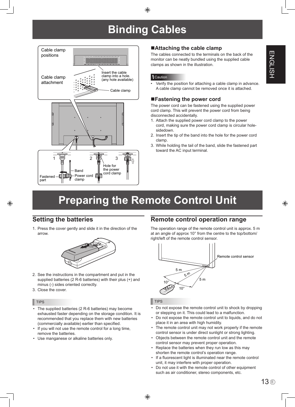 Preparing the remote control unit binding cables, English, Setting the batteries | Remote control operation range | Sharp PN-465E User Manual | Page 15 / 38