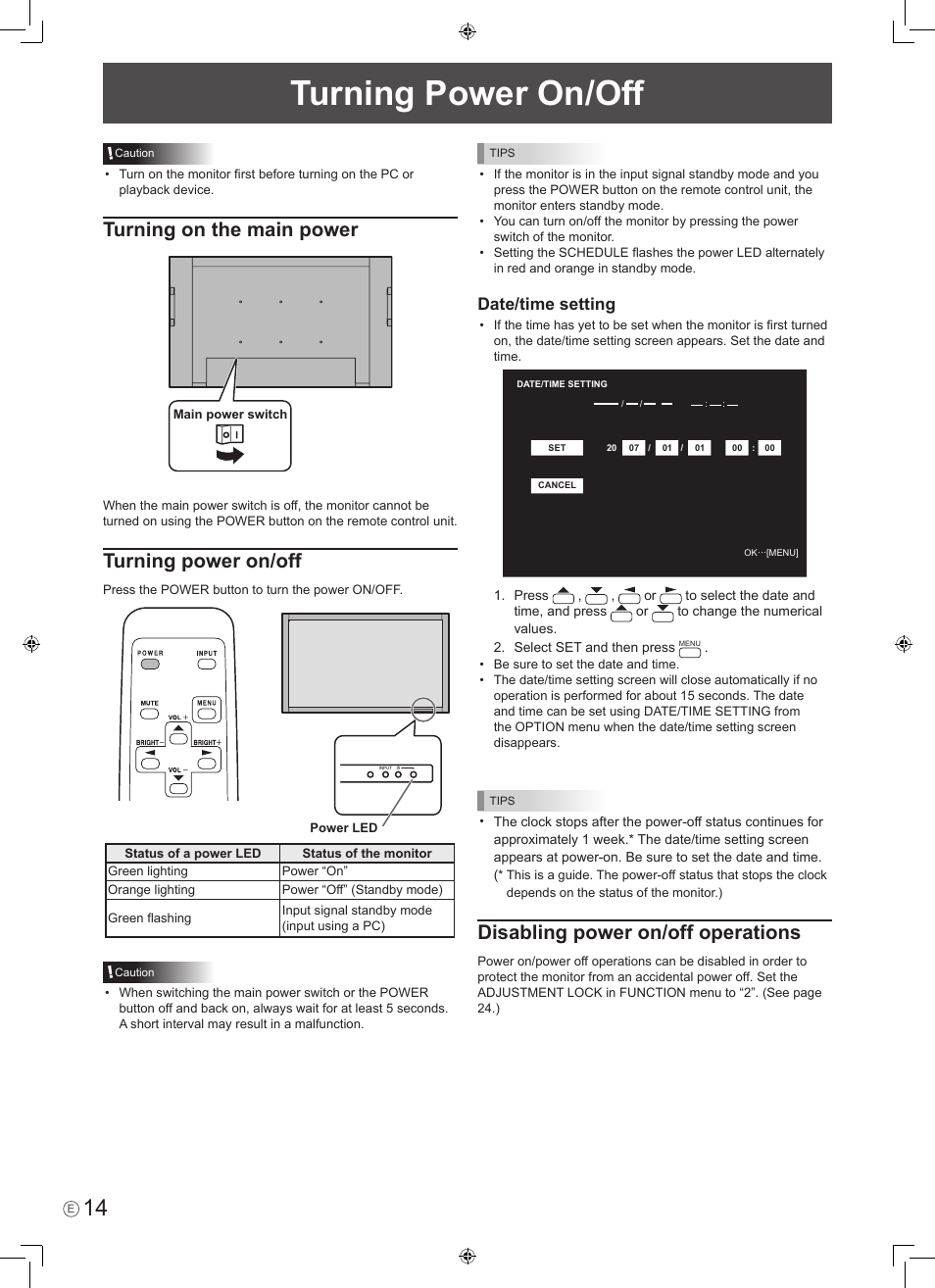 Turning power on/off, Turning on the main power, Disabling power on/off operations | Date/time setting | Sharp PN-465E User Manual | Page 16 / 38