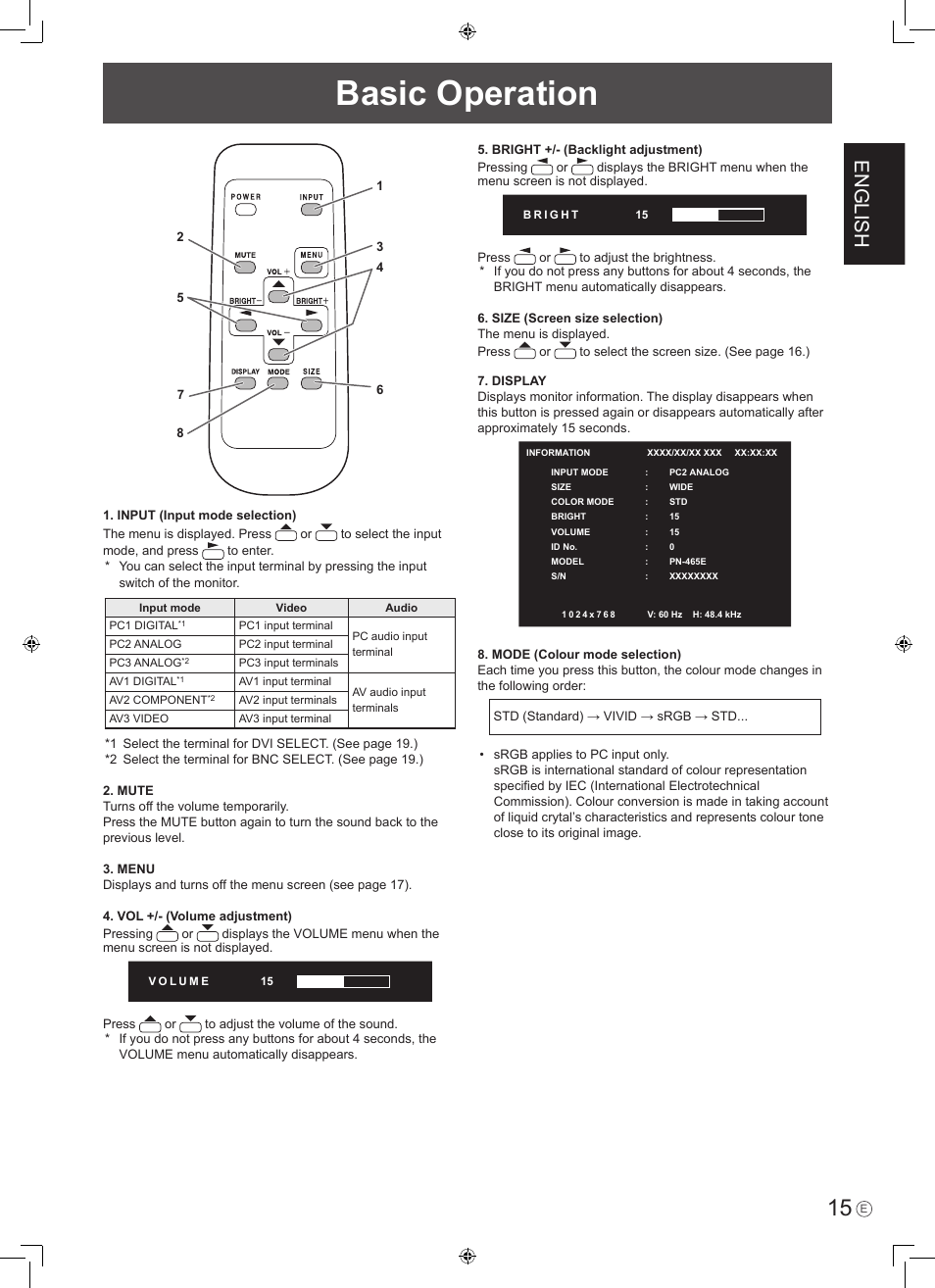 Basic operation, English | Sharp PN-465E User Manual | Page 17 / 38