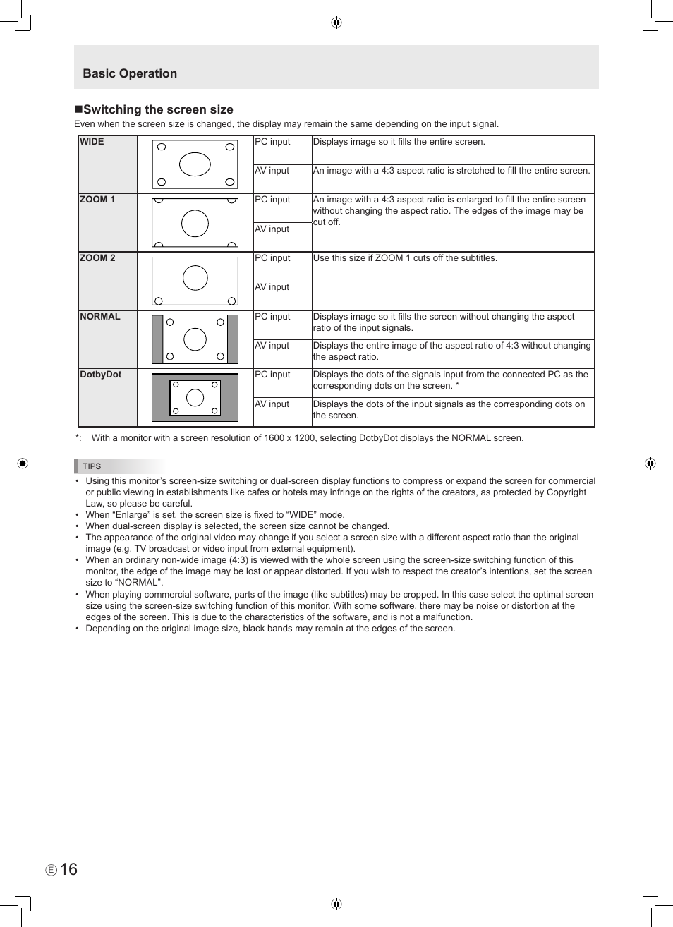 Basic operation  switching the screen size | Sharp PN-465E User Manual | Page 18 / 38