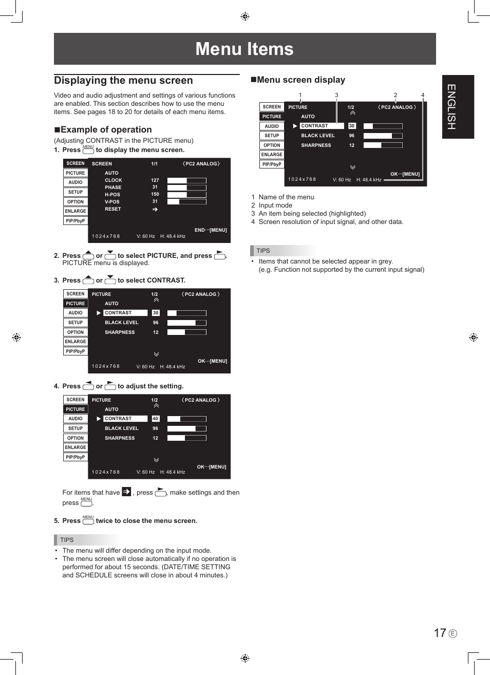 Menu items, English, Displaying the menu screen | Example of operation, Menu screen display | Sharp PN-465E User Manual | Page 19 / 38