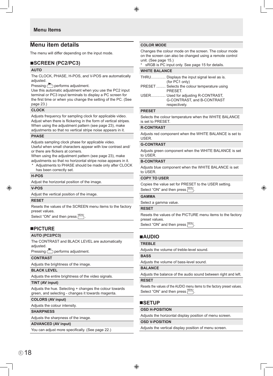 Menu item details, Screen (pc2/pc3), Picture | Audio, Setup, Menu items | Sharp PN-465E User Manual | Page 20 / 38