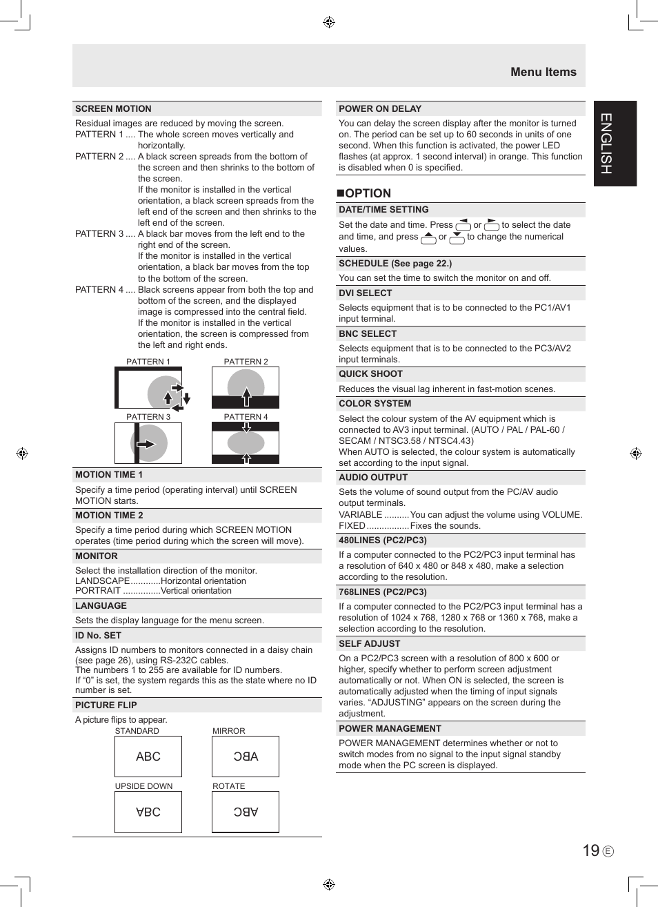 English, Option, Menu items | Sharp PN-465E User Manual | Page 21 / 38