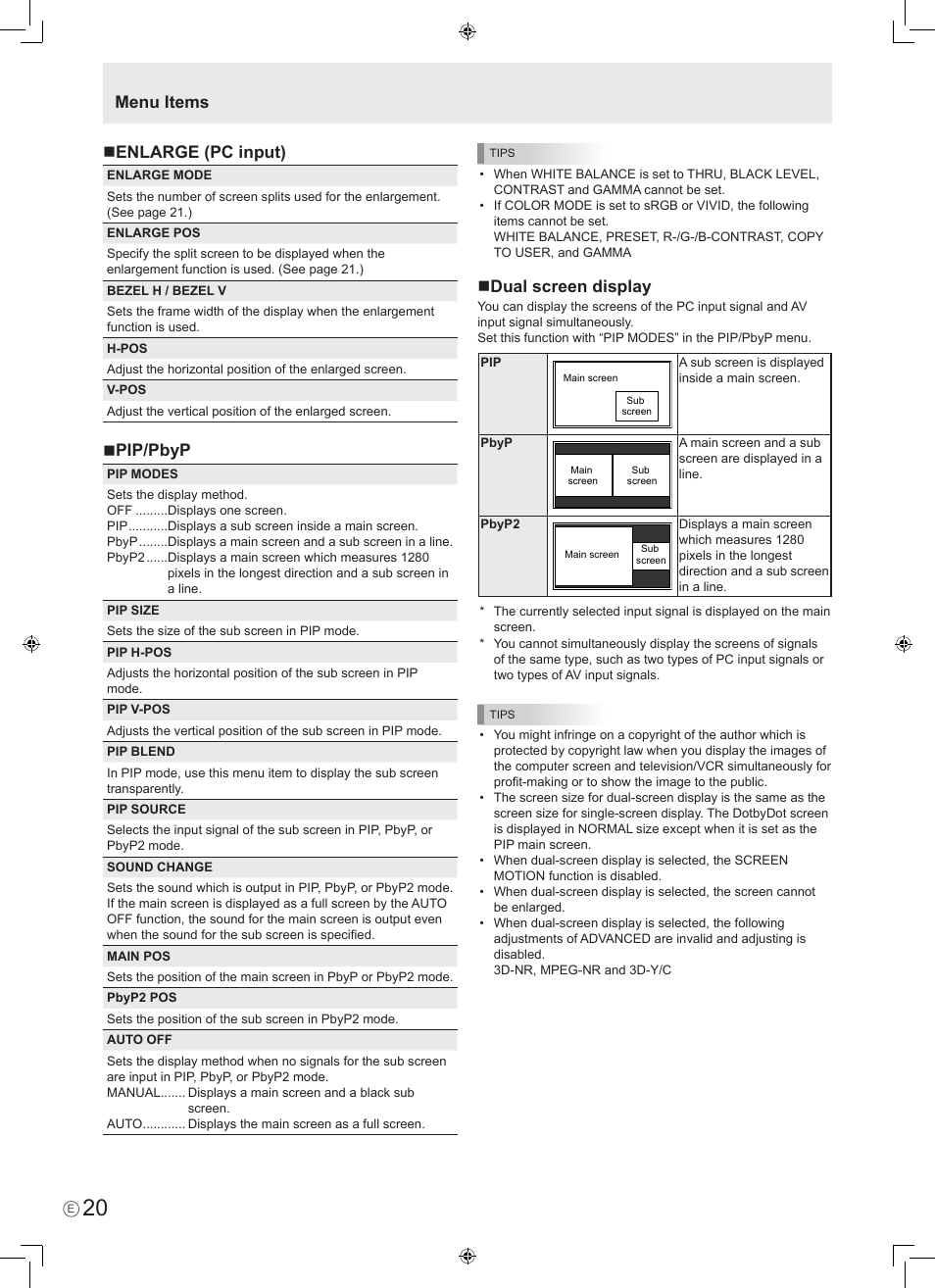 Menu items, Dual screen display, Enlarge (pc input) | Pip/pbyp | Sharp PN-465E User Manual | Page 22 / 38