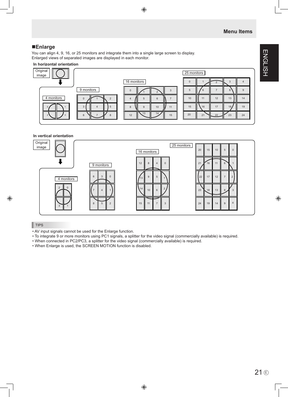 English, Menu items  enlarge | Sharp PN-465E User Manual | Page 23 / 38