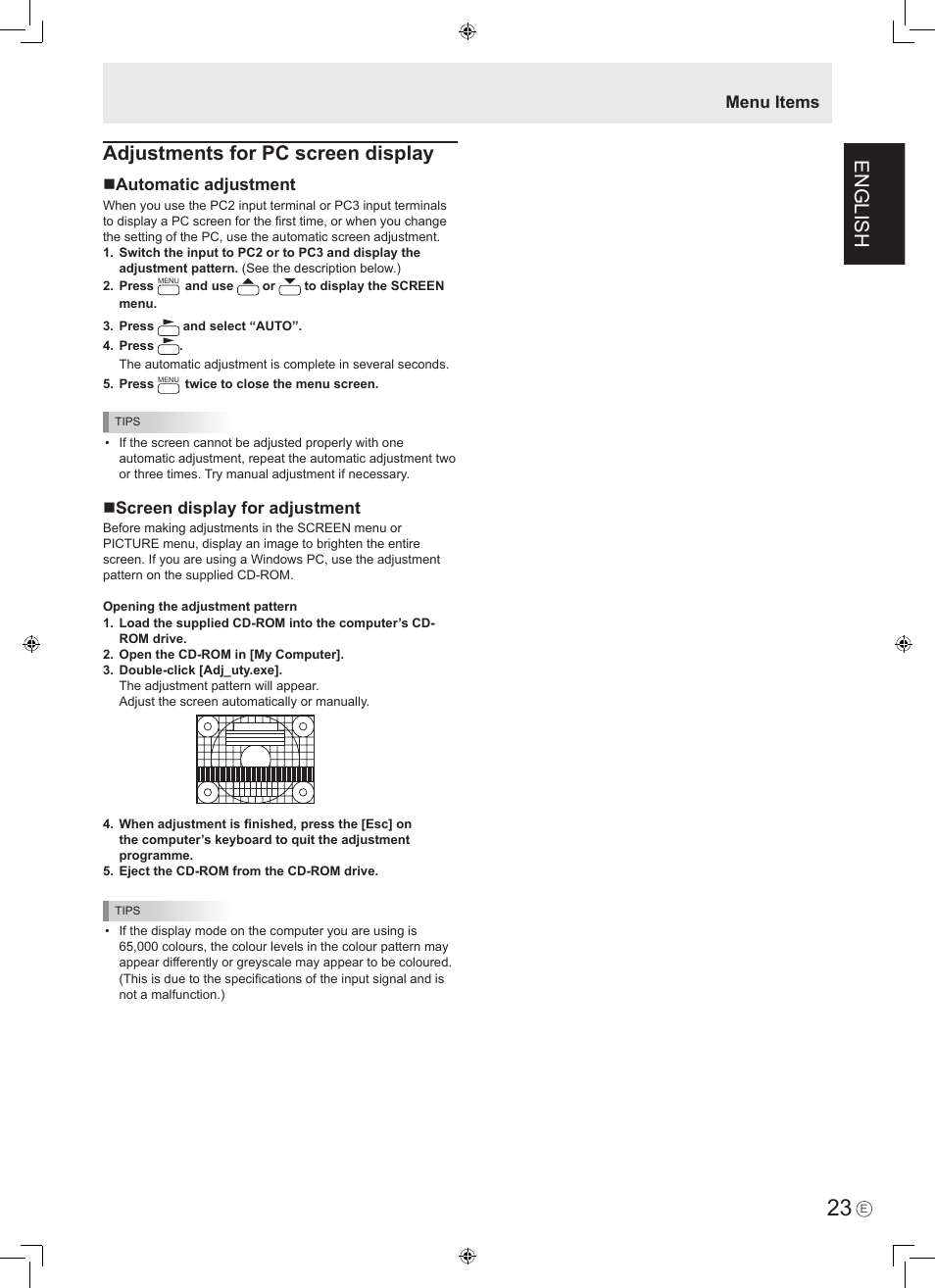 English, Adjustments for pc screen display, Automatic adjustment | Screen display for adjustment, Menu items | Sharp PN-465E User Manual | Page 25 / 38