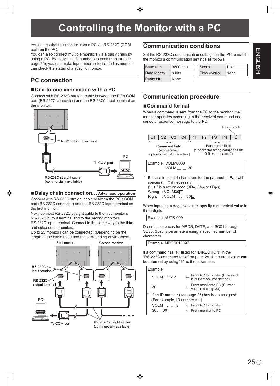 Controlling the monitor with a pc, English, Pc connection | Communication conditions, Communication procedure, One-to-one connection with a pc, Daisy chain connection, Command format | Sharp PN-465E User Manual | Page 27 / 38