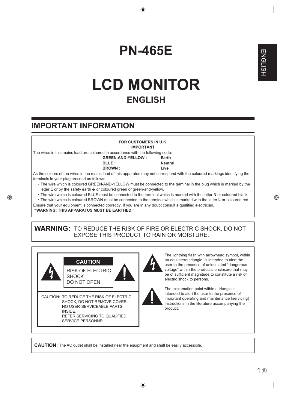 Lcd monitor, Pn-465e, Important information | Warning, English | Sharp PN-465E User Manual | Page 3 / 38