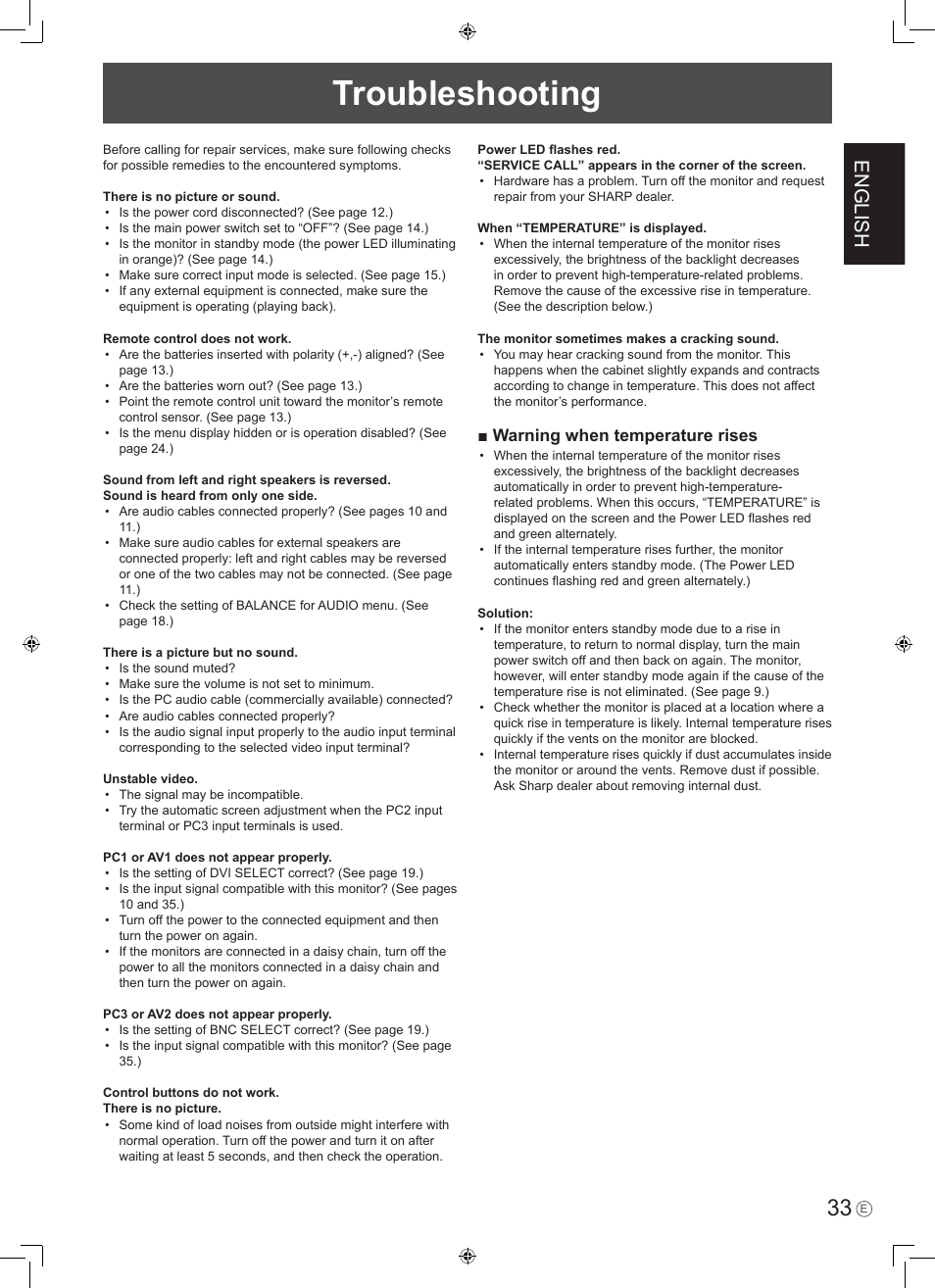 Troubleshooting, English, Warning when temperature rises | Sharp PN-465E User Manual | Page 35 / 38