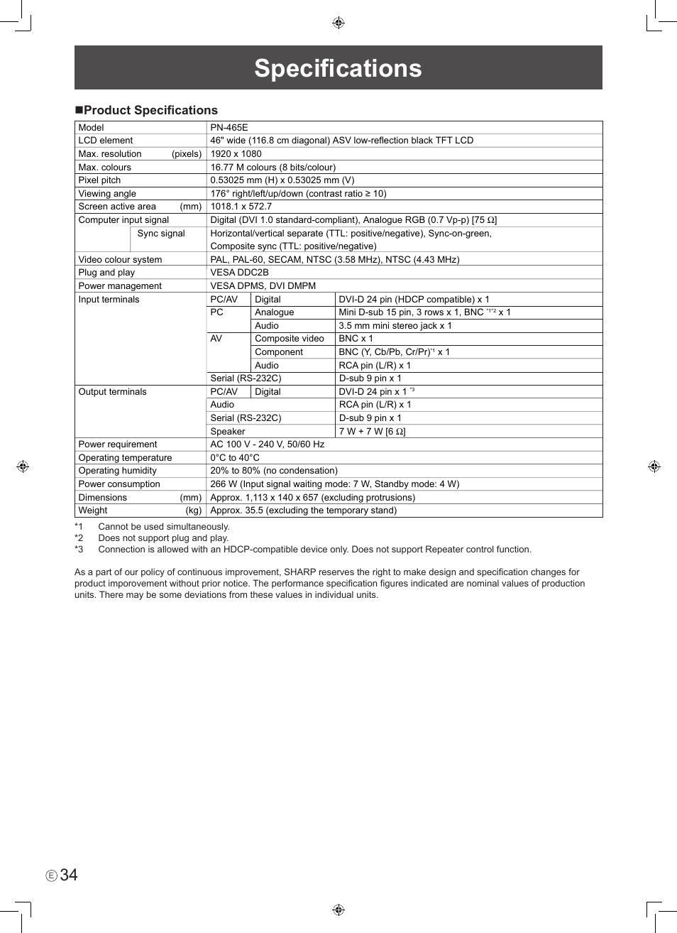 Speciﬁcations, Product speciﬁcations | Sharp PN-465E User Manual | Page 36 / 38