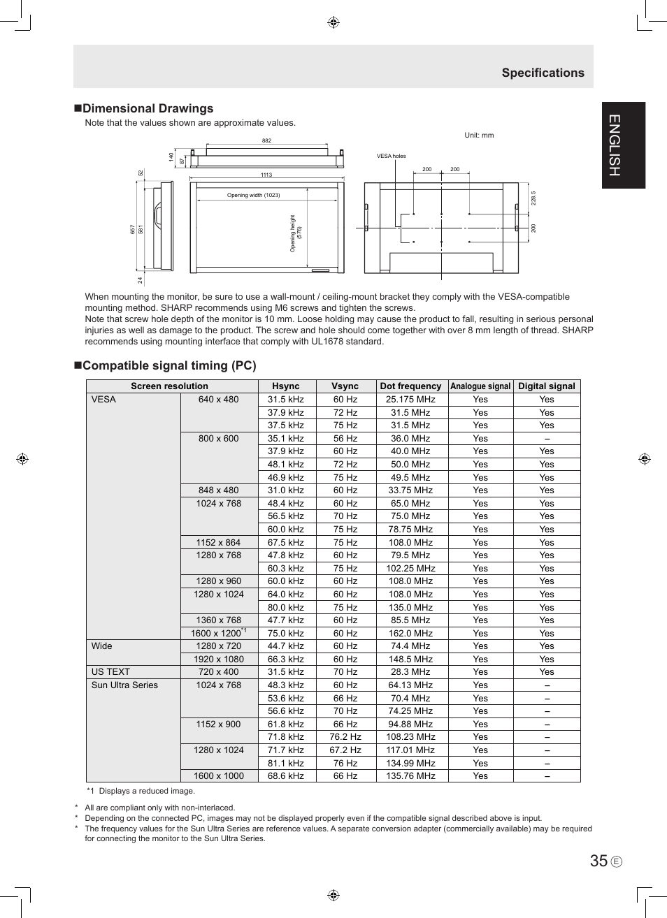 English, Compatible signal timing (pc), Speciﬁcations  dimensional drawings | Sharp PN-465E User Manual | Page 37 / 38