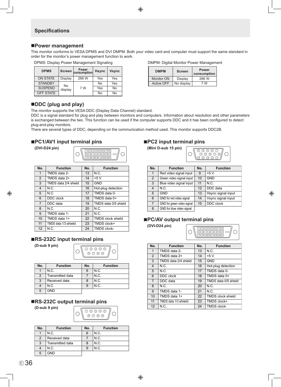 Pc1/av1 input terminal pins, Rs-232c input terminal pins, Rs-232c output terminal pins | Pc2 input terminal pins, Pc/av output terminal pins, Speciﬁcations  power management, Ddc (plug and play) | Sharp PN-465E User Manual | Page 38 / 38