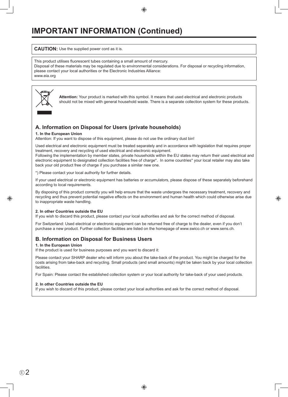 Important information (continued) | Sharp PN-465E User Manual | Page 4 / 38