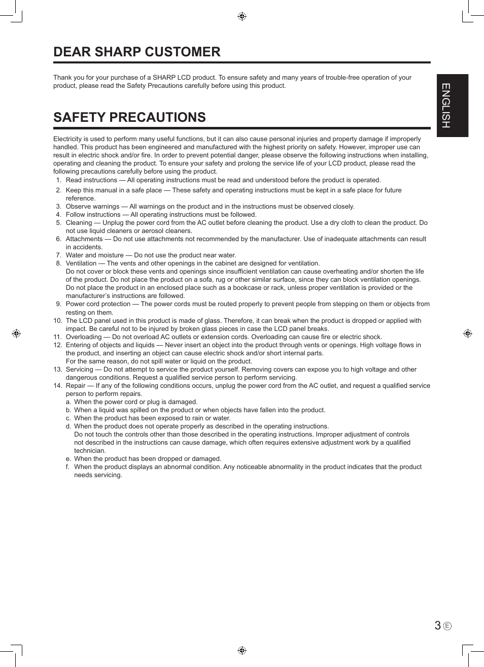 Safety precautions, Dear sharp customer, English | Sharp PN-465E User Manual | Page 5 / 38