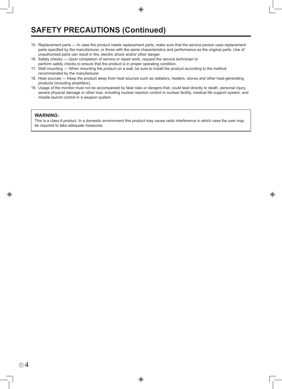 Safety precautions (continued) | Sharp PN-465E User Manual | Page 6 / 38