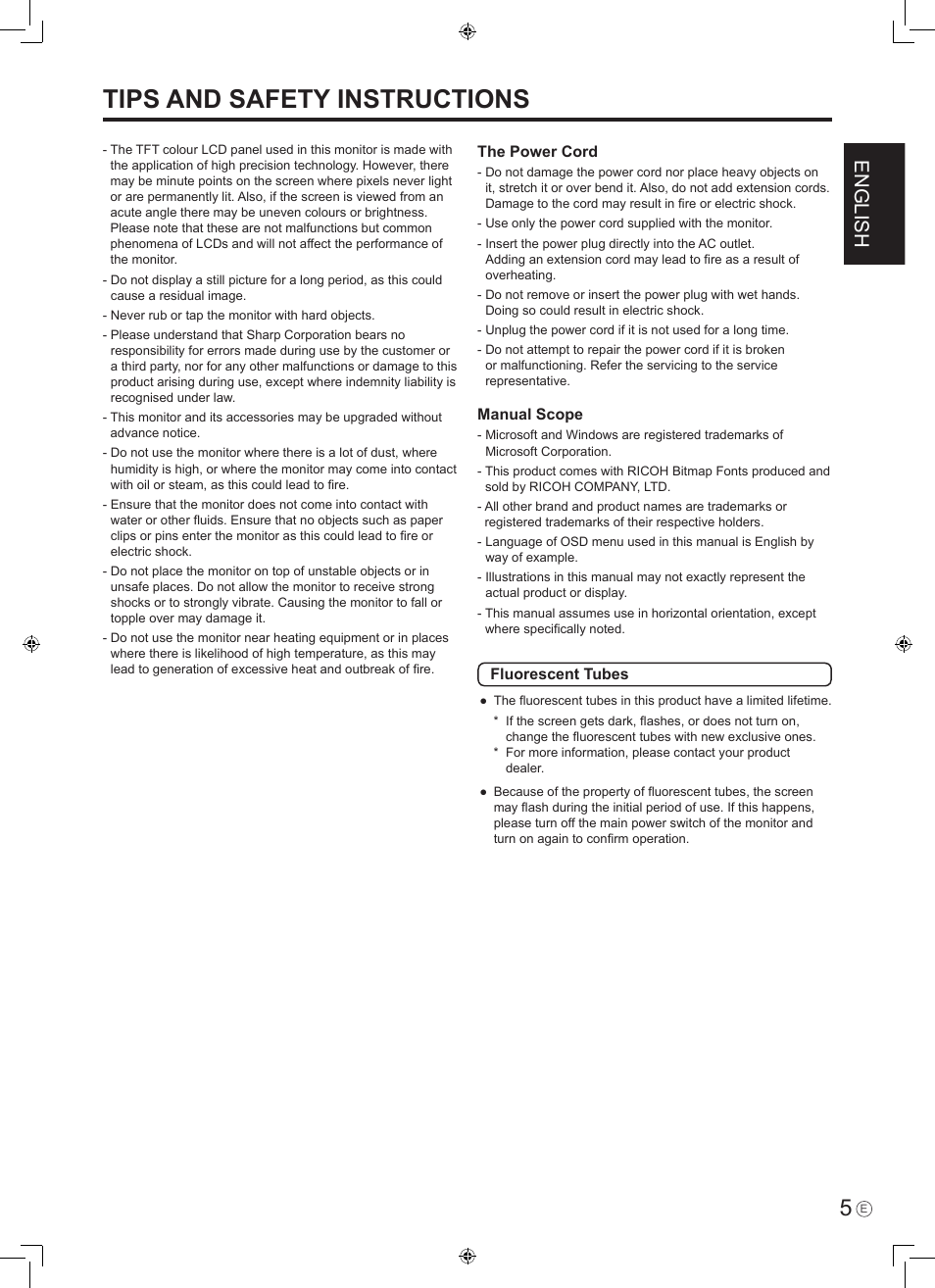 Tips and safety instructions, English | Sharp PN-465E User Manual | Page 7 / 38