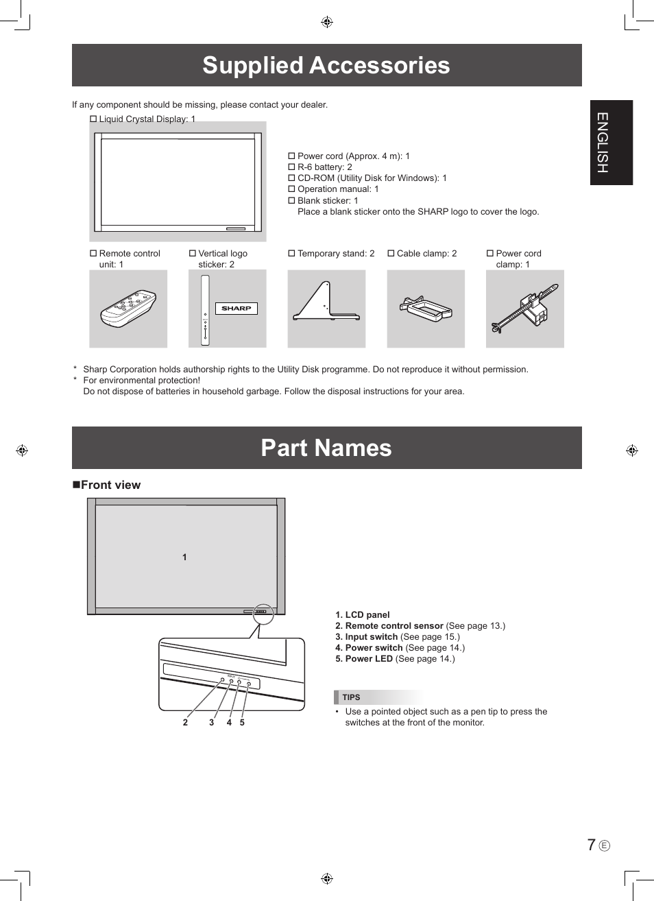 Supplied accessories, Part names, English | Sharp PN-465E User Manual | Page 9 / 38