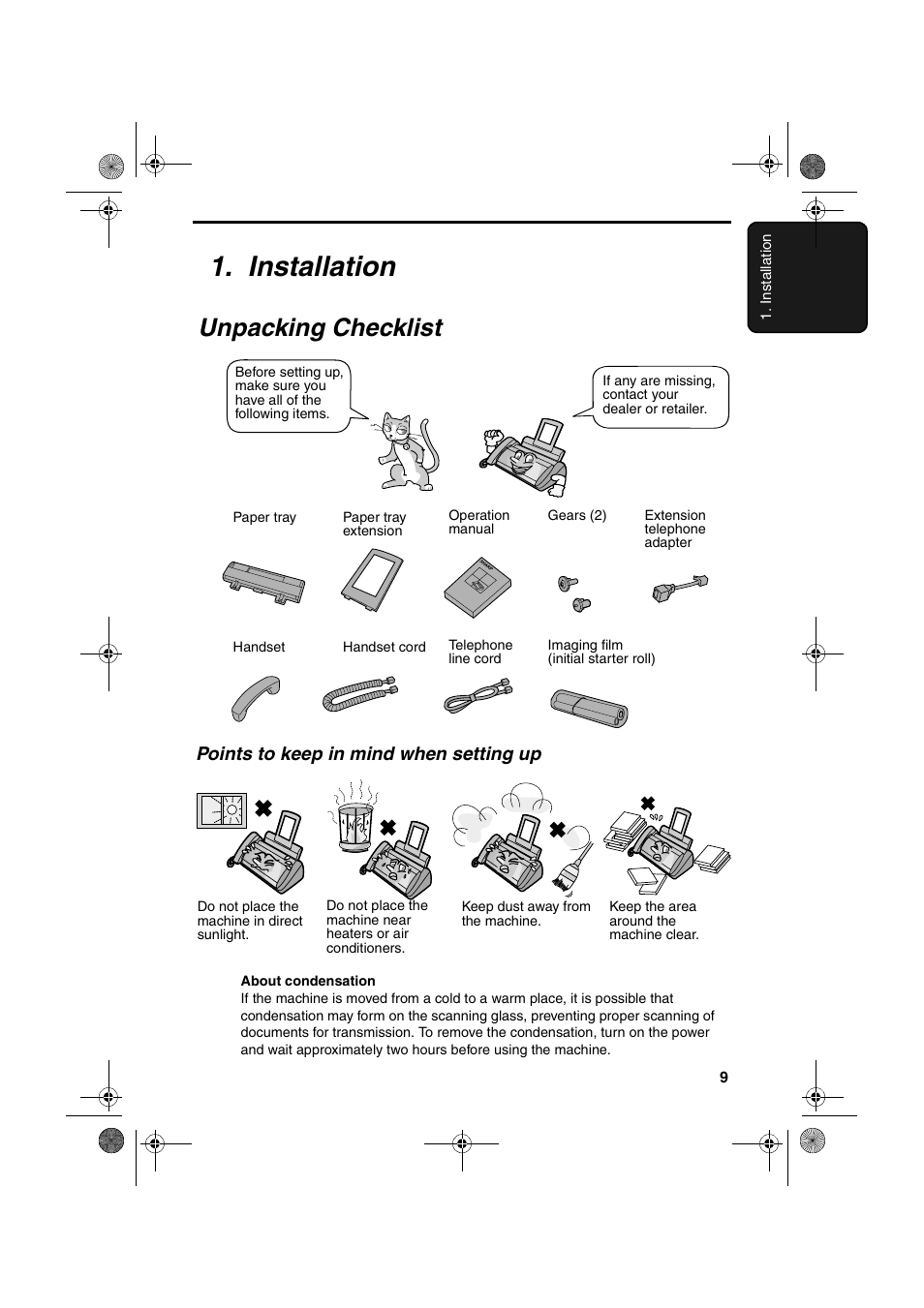 Installation, Unpacking checklist, Points to keep in mind when setting up | Sharp UX-P410 User Manual | Page 11 / 87