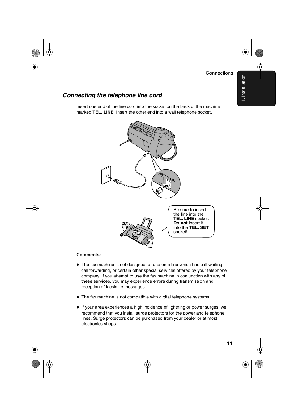 Connecting the telephone line cord | Sharp UX-P410 User Manual | Page 13 / 87